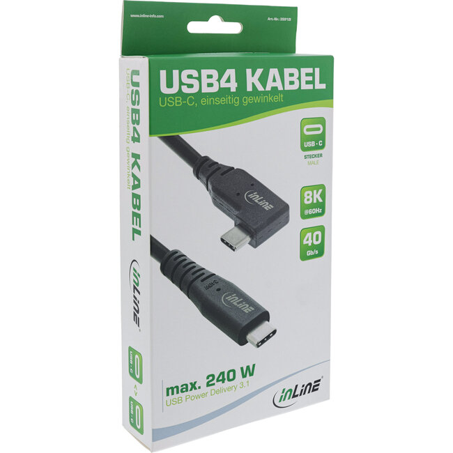InLine® USB4-kabel, USB-C, haaks aan één kant, PD 240W, 8K60Hz, TPE, zwart, 2m