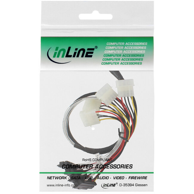 InLine® SAS verbindingskabel, Mini-SAS SFF-8087 naar 4x SAS + voeding, 0,75m