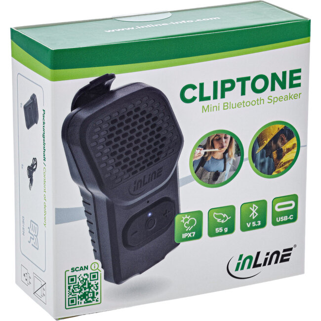 InLine® ClipTone, draagbare Bluetooth-luidspreker met clip en handsfree-functie