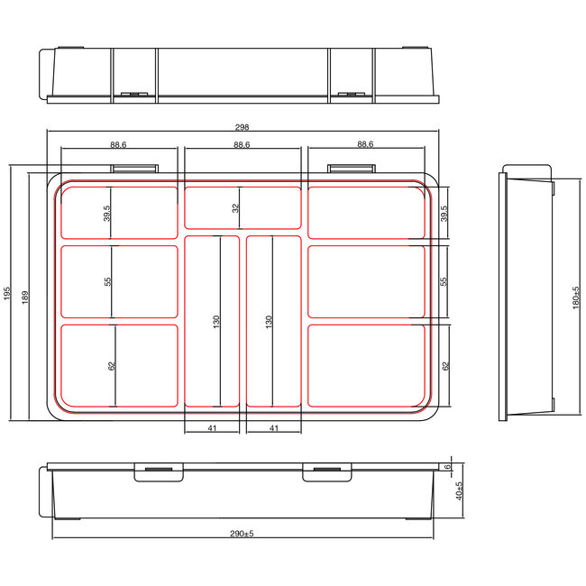 InLine® Kleine onderdelenbak, 9 compartimenten, afmetingen: 290x185x45mm, oranje