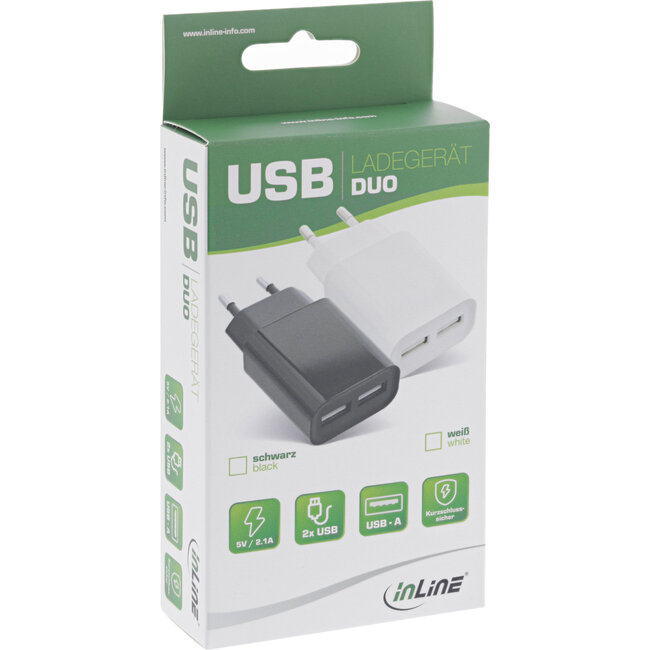 InLine® USB oplader DUO, voeding 2-voudig, 100-240V naar 5V/2.1A, zwart
