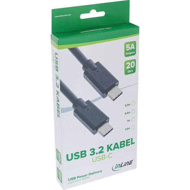 InLine® USB 3.2 Gen.2x2 kabel, USB-C male / male, zwart, 2m