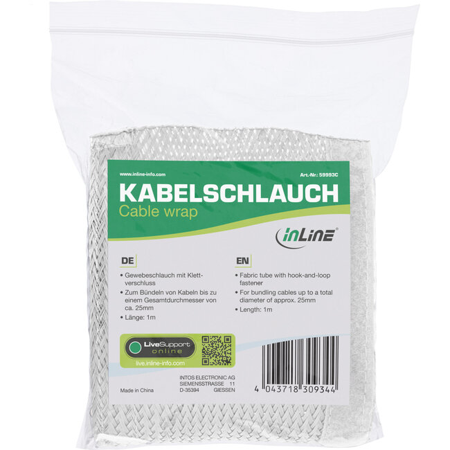 InLine® beschermslang, stoffen beschermslang met klittenband, 1m x 25mm wit