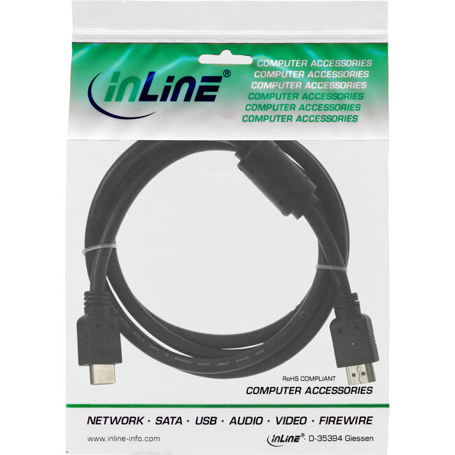 InLine® HDMI kabel, HDMI High Speed, male / male, zwart, met ferriet, 5m