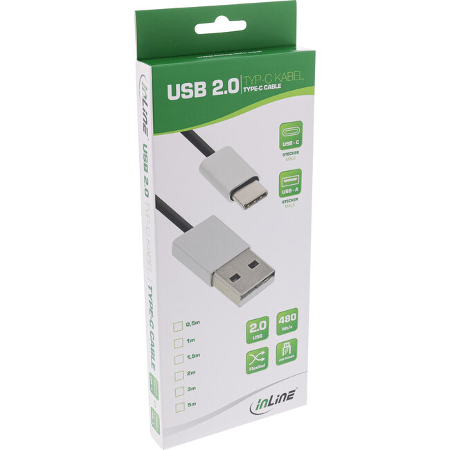 InLine® USB 2.0 kabel, USB-C male naar A male, zwart/aluminium, flexibel, 1,5m