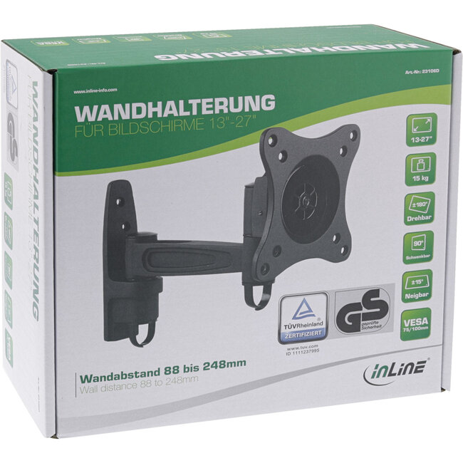 InLine® Muurbeugel, voor monitoren tot 69cm (27"), max. 15kg, eendelige arm