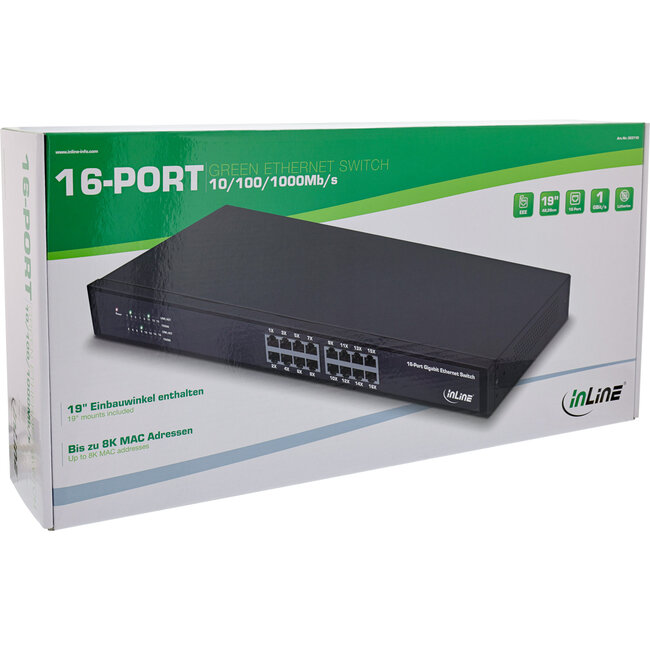 InLine® Gigabit netwerkswitch 16-poorts, 1Gb/s, 19" 1U, metaal, ventilatorloos