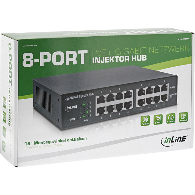 InLine® PoE+ Gigabit netwerkinjector hub 8 poorten (8x PoE+), 1Gb/s, 19" 1U