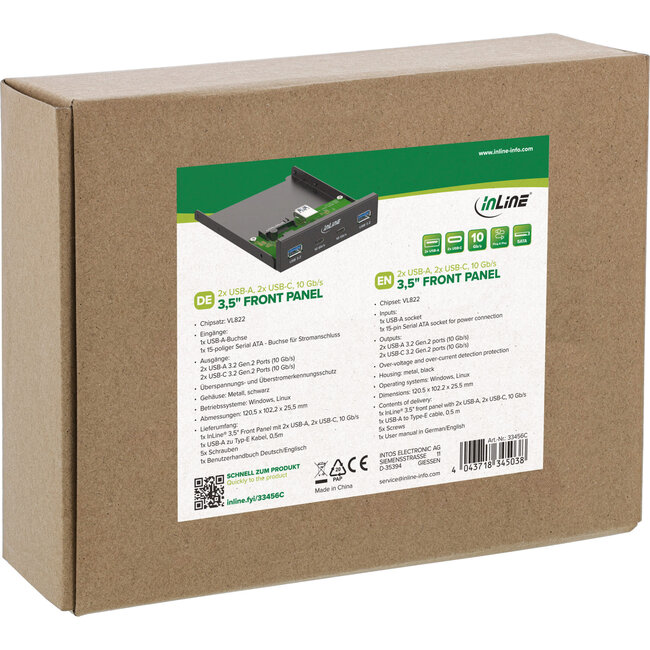 InLine® 3,5" voorpaneel, 2x USB-A + 2x USB-C, 10Gb/s, metaal, zwart