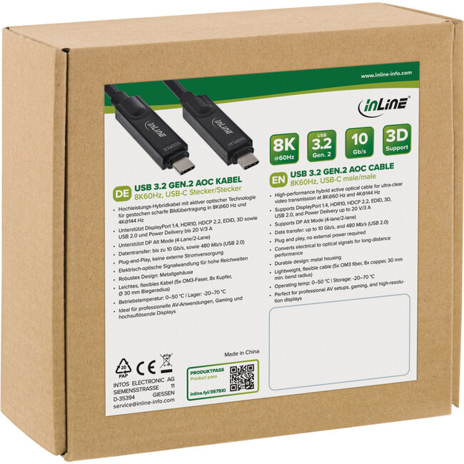 InLine® USB 3.2 Gen.2 AOC-kabel, USB-C M/M, 8K60Hz, 60W, zwart, 15m