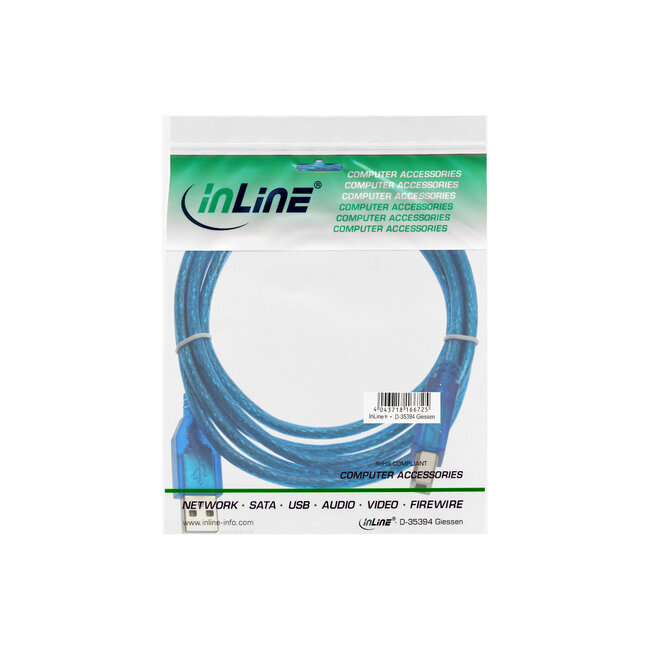 InLine® USB 2.0 kabel, A naar B, blauw-transparant, 3m