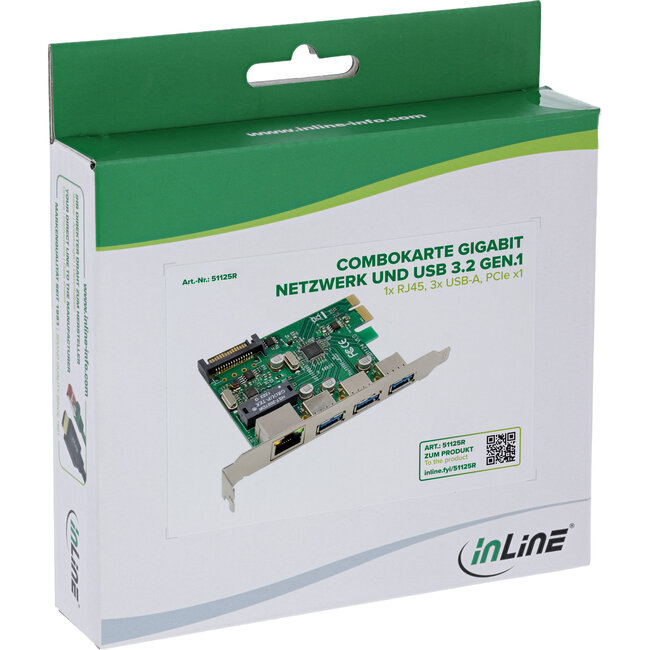 InLine® Combo kaart Gigabit netwerk en USB 3.2 Gen.1, 1x RJ45, 3x USB-A, PCIe x1
