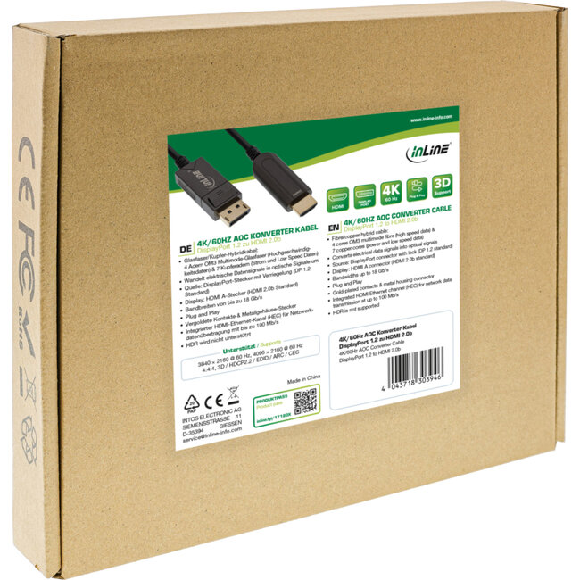 InLine® DisplayPort naar HDMI AOC-converterkabel, 4K/60 Hz, zwart, 25m