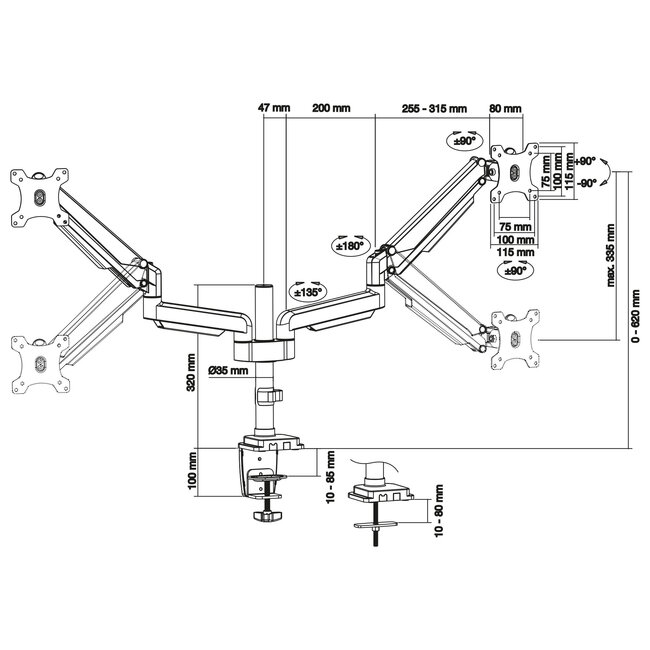 InLine® bureausteun met hefsysteem, voor twee monitoren tot 82cm (32"), 9kg