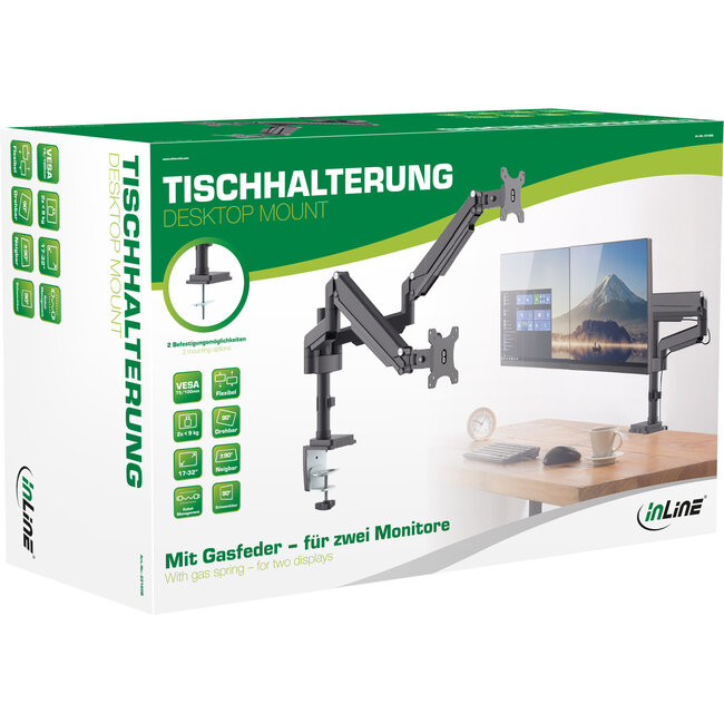 InLine® bureausteun met hefsysteem, voor twee monitoren tot 82cm (32"), 9kg