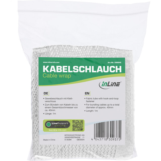 InLine® Schutzschlauch, Gewebeschutzschlauch mit Klettverschluss, 1m x 40mm weiß