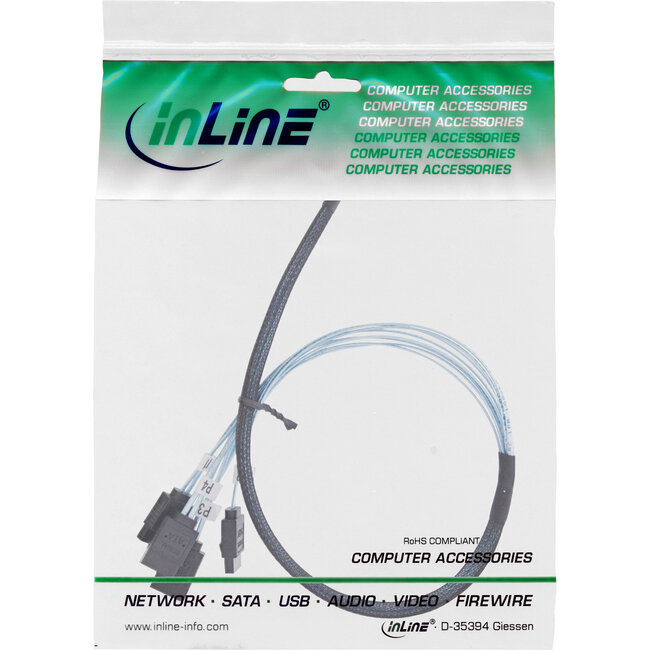 InLine® Slim SAS-kabel, SFF-8654 naar 4x SATA 7-pins, 12Gb/s, 0,5m