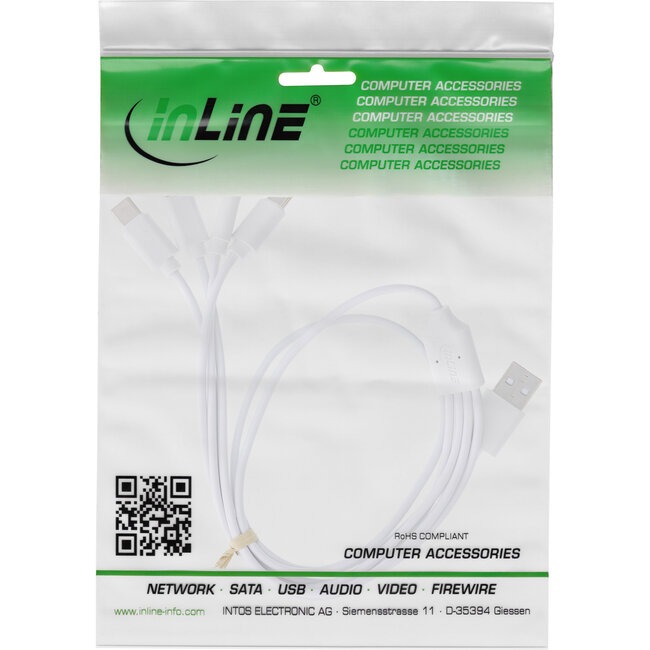 InLine® USB 4in1 Y-oplaadkabel, 1x USB-A-stekker naar 4x USB-C-stekker, wit 1m