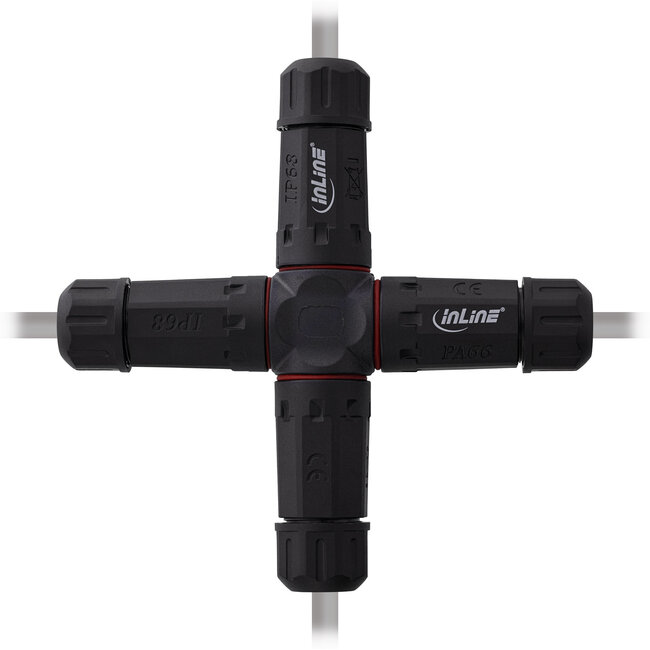InLine® Voedingskabel koppelaar, IP68, 3-polig, 4-weg, M20, zwart