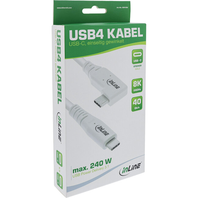 InLine® USB4-kabel, USB-C, haaks aan één kant, PD 240W, 8K60Hz, TPE, wit, 1,5m