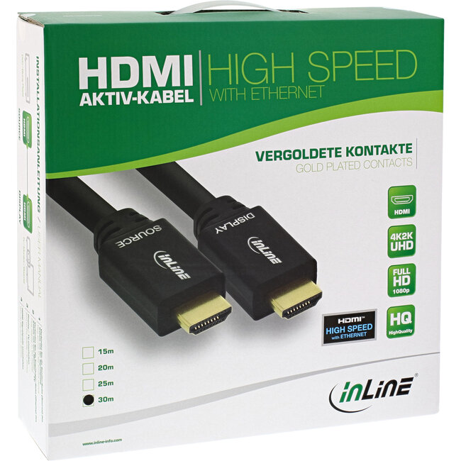 InLine® HDMI High Speed kabel met ethernet, male / male, actief, zwart/goud, 30m