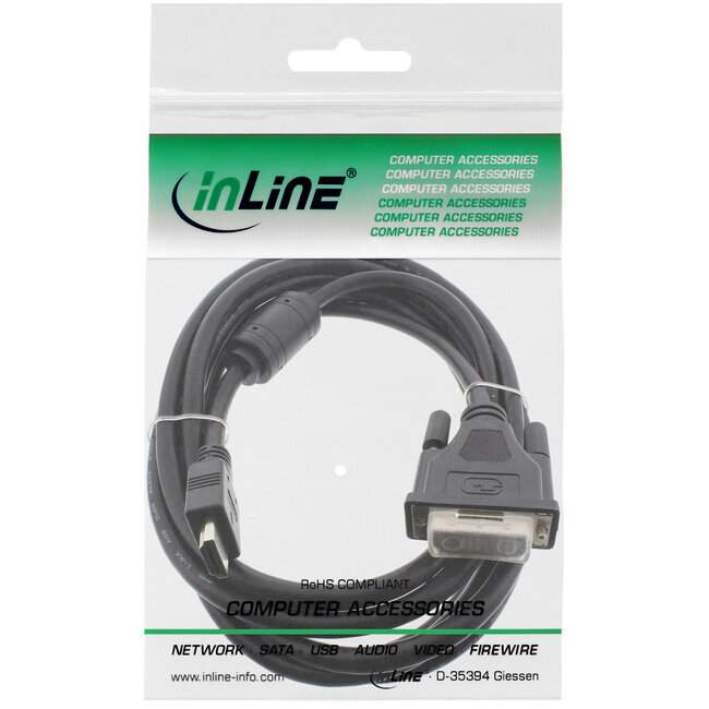InLine® HDMI-DVI-adapterkabel, 19-pins male naar 18+1 male, met ferriet, 5m