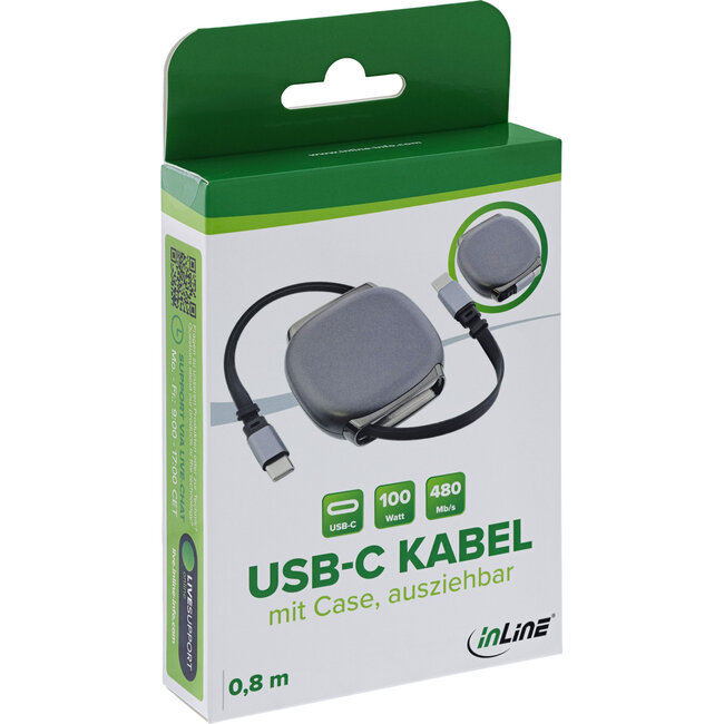 InLine® USB-C kabel in etui, intrekbaar, 100W, 0,80m, zwart/grijs