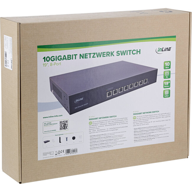 InLine® netwerkswitch 8-poorts, 10Gigabit Ethernet, 19", metaal, ventilator