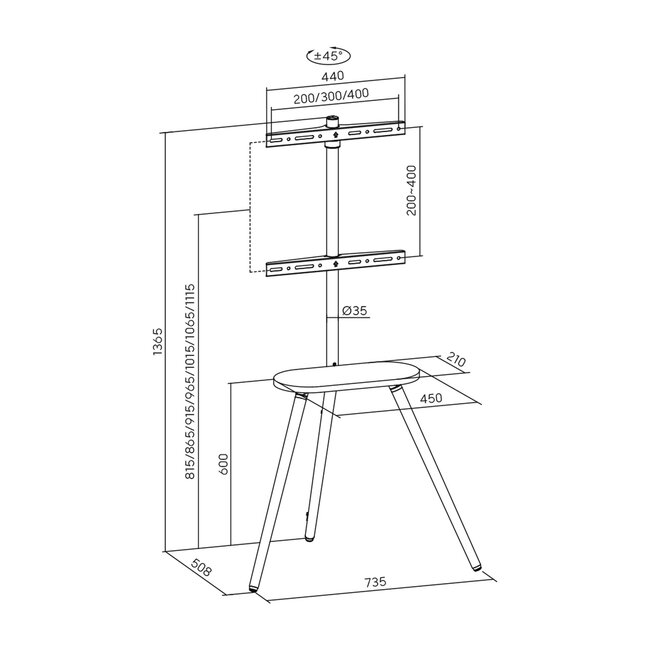 InLine® woodstand II, TV-standaard met plank, voor TV 43"-65" (110-165 cm)