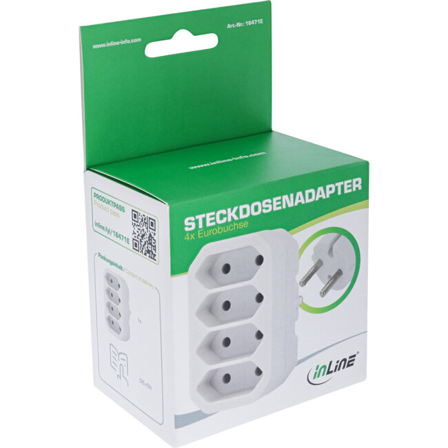 InLine® wandcontactdoosadapter, randaardestekker naar 4x Euro contactdoos, wit