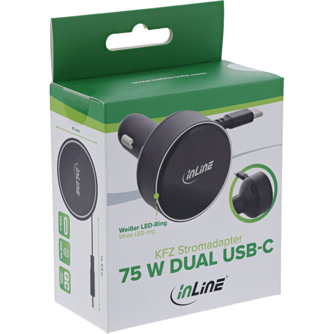 InLine® Dual USB-C auto power adapter 12/24V, verlengbare kabel, 75W