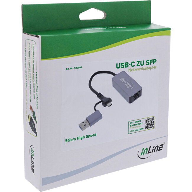 InLine® USB 3.2 naar 5 Gb/s netwerkadapter, USB-C+USB-A adapter naar RJ45