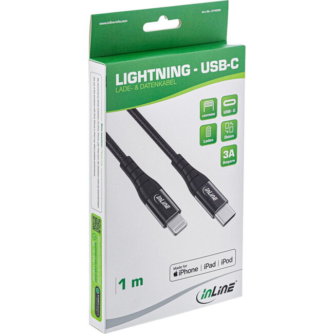 InLine® USB-C Lightning-kabel, voor iPad, iPhone, iPod, zwart/alum. 2m MFi-certi