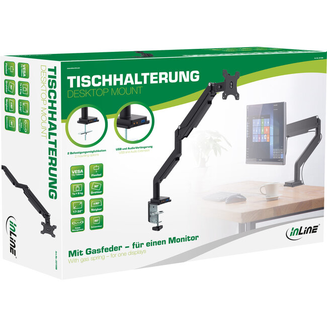 InLine® bureauhouder met lifter en USB/audio tot max. 82cm 32" 9kg