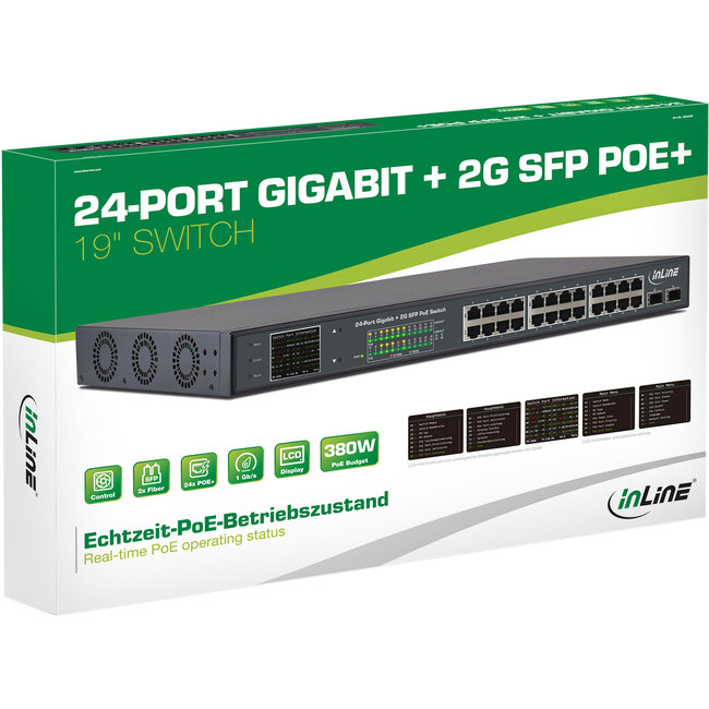 InLine® PoE+ Gigabit netwerkswitch 24 poorten, 1Gb/s, 2xSFP,19"1U (incl. beugel)