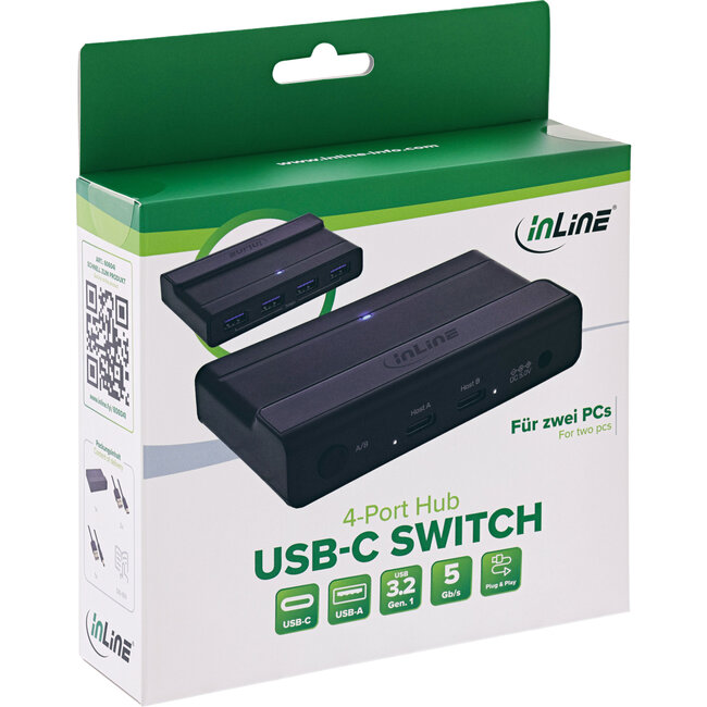 InLine® USB-C switch, switch voor 2 pc's, hub met 4 poorten, USB 3.2 Gen.1