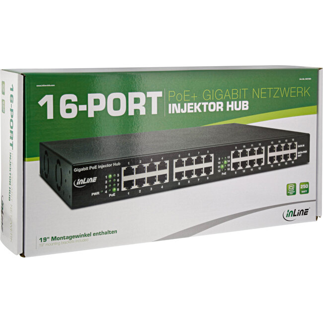 InLine® PoE+ Gigabit netwerkinjector hub 16 poorten (16x PoE+), 1Gb/s, 19" 1U