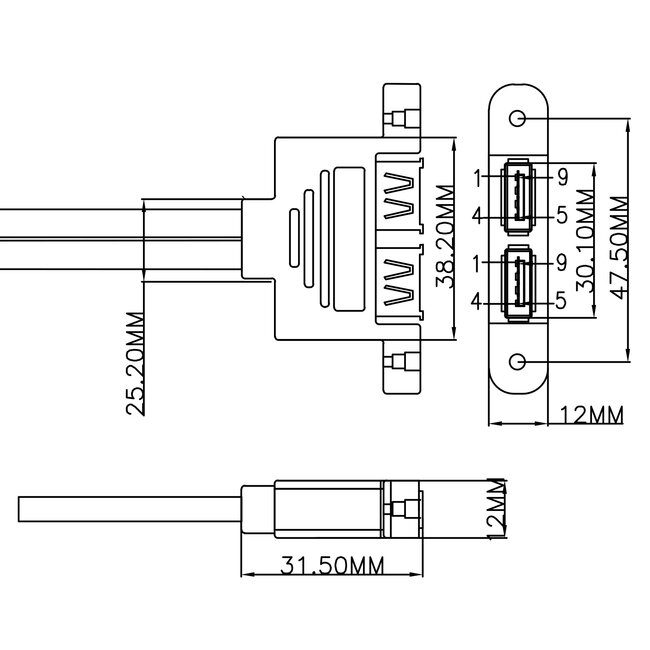 InLine® USB 3.2 Gen.1-kabel, intern moederbord naar 2x USB-A-aansluiting, 0,45 m