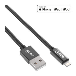InLine® InLine® Lightning USB-kabel, voor iPad/iPhone zwart/alum. 2m MFi-gecertificeerd