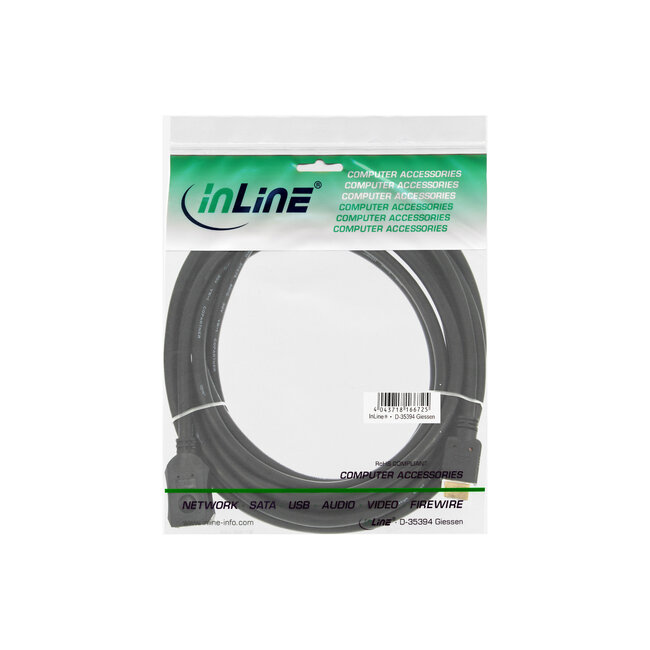 InLine® HDMI kabel, HDMI High Speed, male / female, zwart,vergulde contacten, 5m
