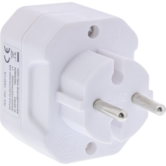 InLine® wandcontactdoosadapter, randaardestekker naar 3x Euro contactdoos, wit