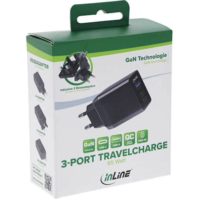 InLine® 3-poorts TravelCharge, 65W USB-voeding, 2x USB-C, 1x USB-A, EU/UK/USA