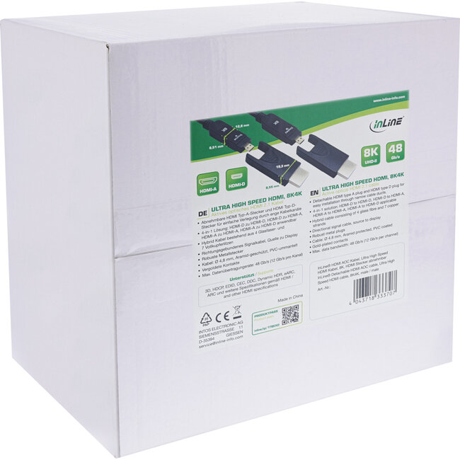 InLine® HDMI AOC-kabel, Ultra High Speed HDMI, 8K4K, afneembare stekker, 80 m