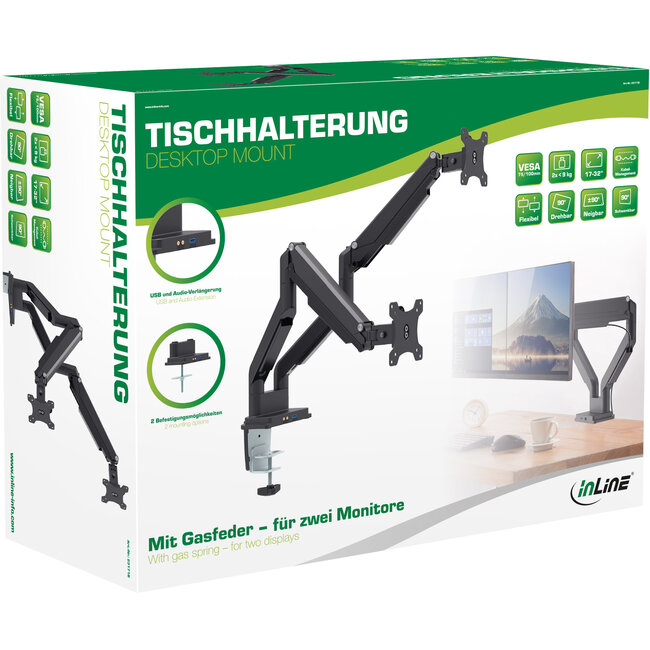 InLine® bureausteun met lifter & USB/audio, 2 monitoren tot 81cm (32"), zwart