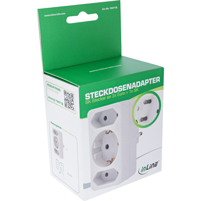 InLine® wandcontactdoosadapter, randaardestekker naar 2x Euro + 1x SK, wit