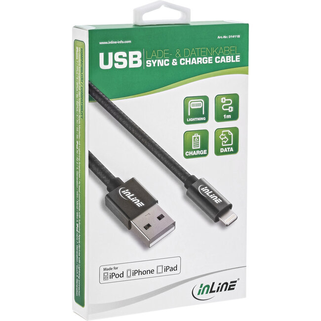 InLine® Lightning USB-kabel, voor iPad, iPhone, zwart/alum.1m MFi-gecertificeerd