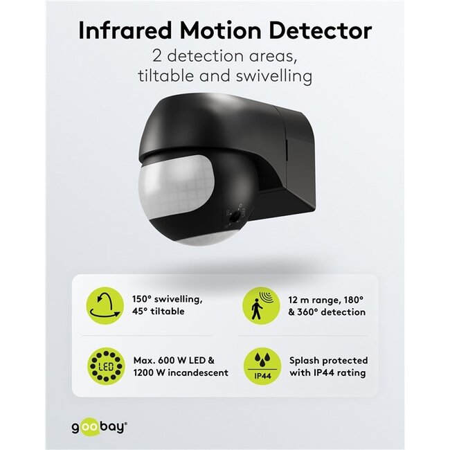 Goobay 2-Zone Motion Detector, Tiltable/Swivelling, black