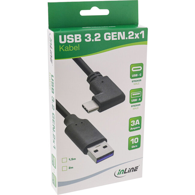 InLine® USB 3.2-kabel, USB-C-stekker schuin naar A-stekker, zwart, 2m