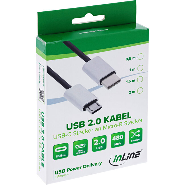 InLine® USB 2.0 kabel,USB-C male naar Micro-B male,zwart/aluminium,flexibel,1,5m