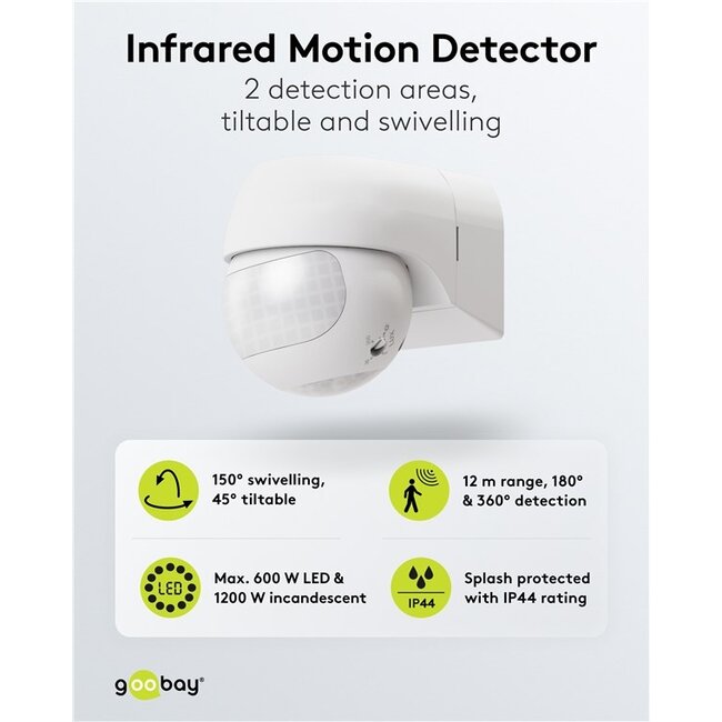 Goobay 2-Zone Motion Detector, Tiltable/Swivelling, white